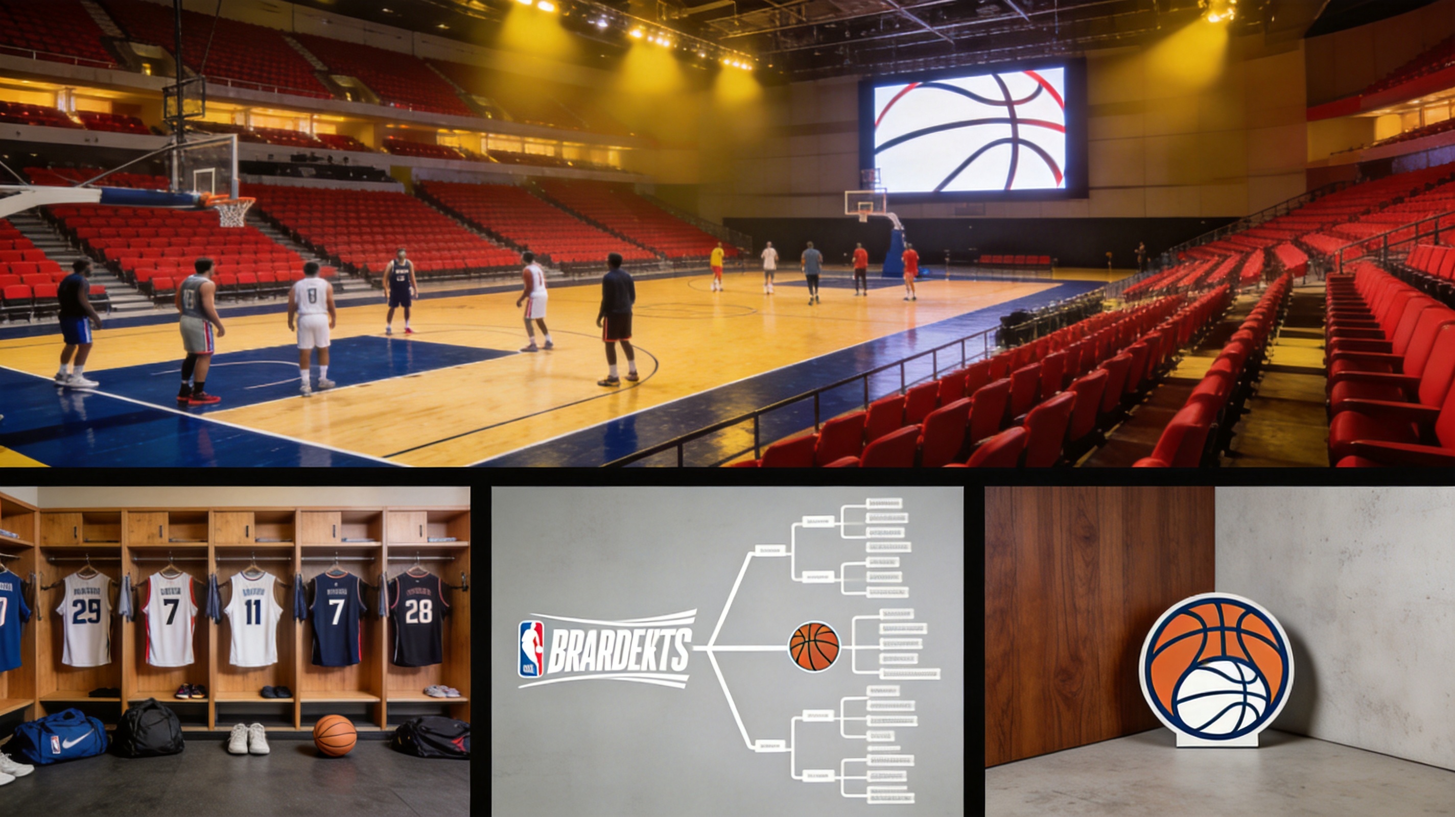 篮球板块配图：NBA赛事动态、球队资料与季后赛内容结构的浏览界面示意